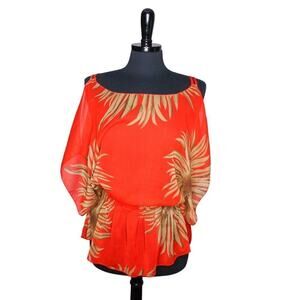 Cotton Express Sheer Blouson Kimono Kaftan Top Floral Orange Resort L
